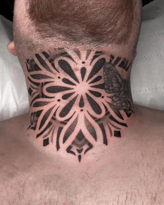 Medium Dotwork Mandala Tattoo on Men Throat by @monroe_tattoos