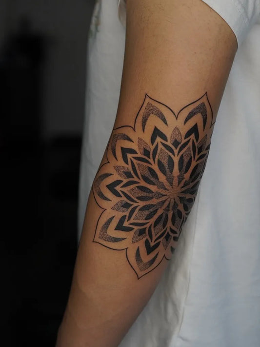 Medium Dotwork Mandala Tattoo on Women Arm by @anjanam_tattoo