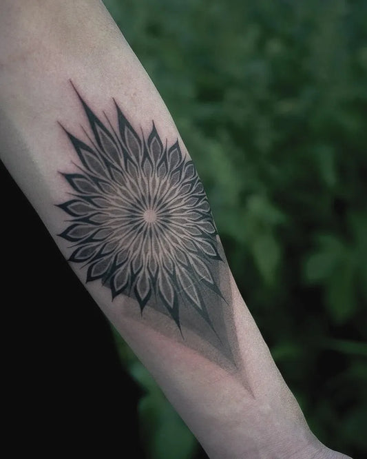 Medium Dotwork Mandala Tattoo on Women Arm by @hirky_tattoo