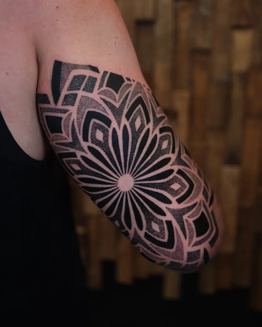 Medium Dotwork Mandala Tattoo on Women Arm by @moyetattoo