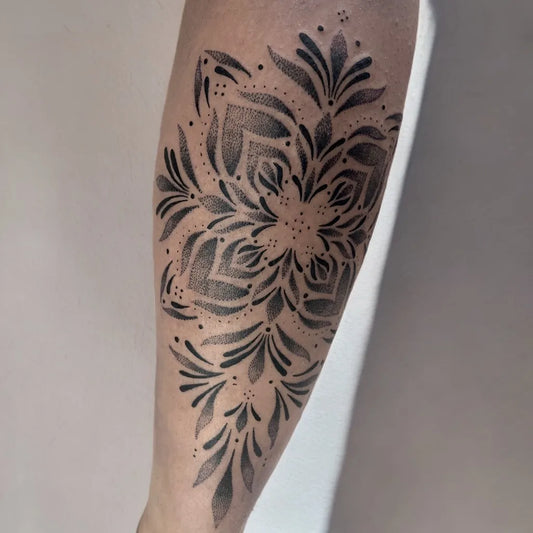 Medium Dotwork Mandala Tattoo on Women Arm by @palo.tattoos