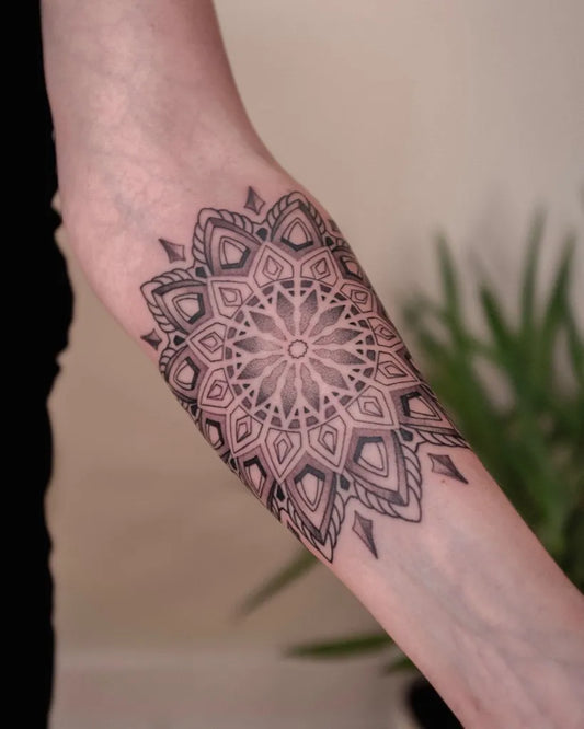 Medium Dotwork Mandala Tattoo on Women Forearm by @adamlorusso