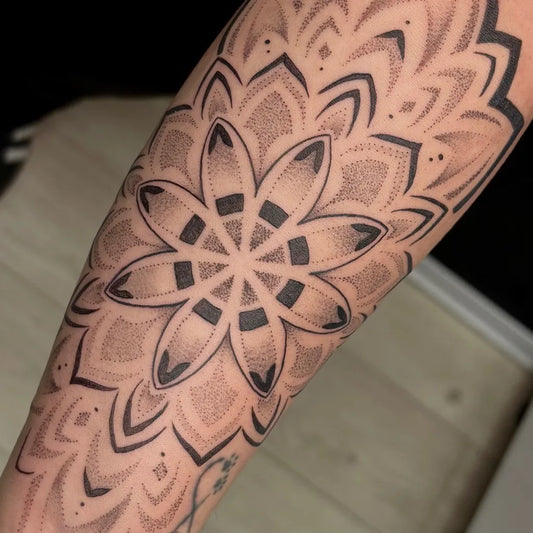 Medium Dotwork Mandala Tattoo on Women Forearm by @sacrocuoretattoostudio