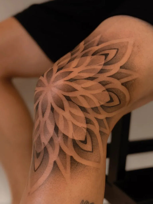 Medium Dotwork Mandala Tattoo on Women Knee by @alextreze13