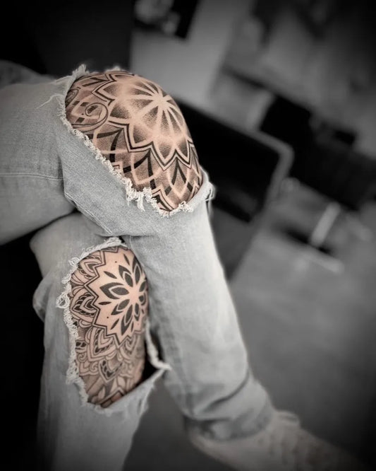 Medium Dotwork Mandala Tattoo on Women Knee by @misselieshatattoo