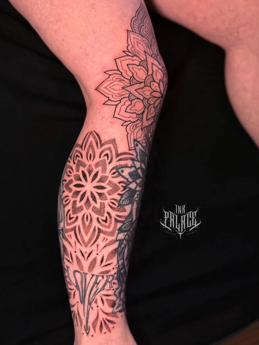 Medium Dotwork Mandala Tattoo on Women Leg by @inkpalacebali