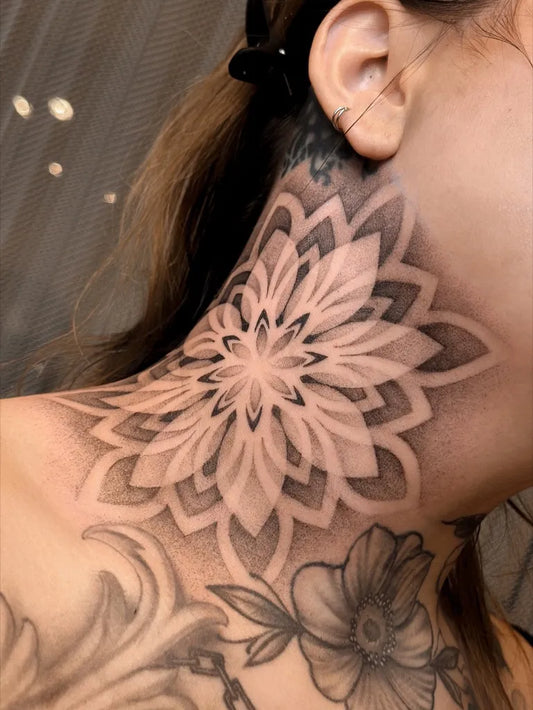 Medium Dotwork Mandala Tattoo on Women Neck by @alextreze13