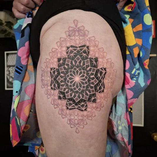 Medium Dotwork Mandala Tattoo on Women Thigh by @vintagescarecrow