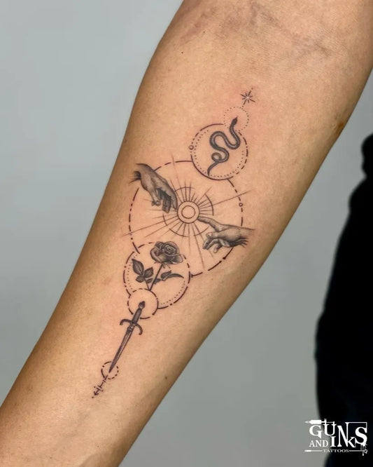 Medium Dotwork Memento Mori Ouroboros Hands Rose Sword on Men Arm Tattoo by @gunsandinkstattoos