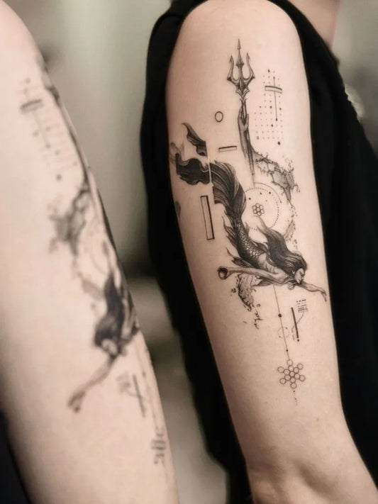 Medium Dotwork Mermaid Tattoo on Women Arm by @lukaszzylka