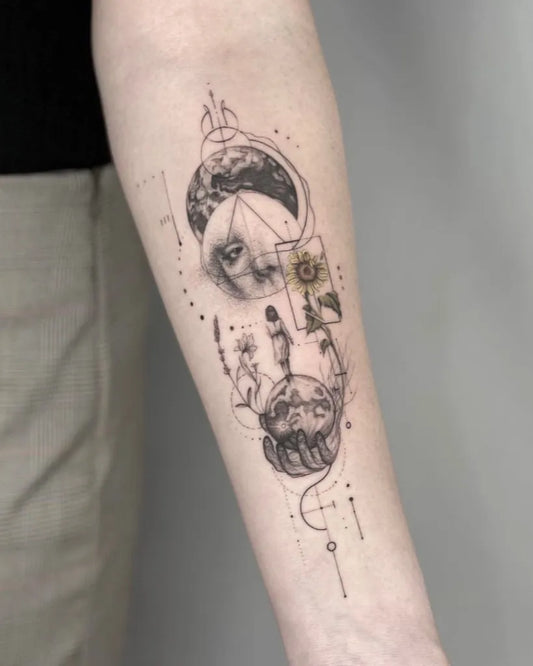 Medium Dotwork Moon Sun Earth Spiritual Tattoo on Women Arm by @torocsikartroom