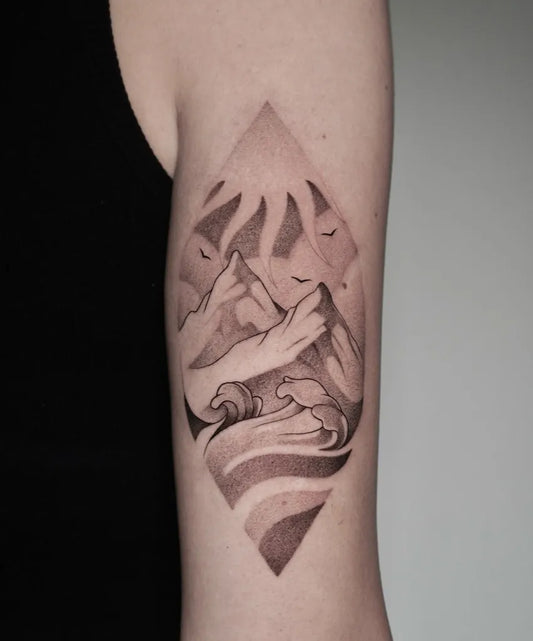 Medium Dotwork Mountain Sun Birds Tattoo on Women Arm by @kandinska.tattoo
