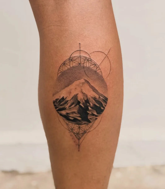 Medium Dotwork Mountain Tattoo on Women Leg by @june_alison