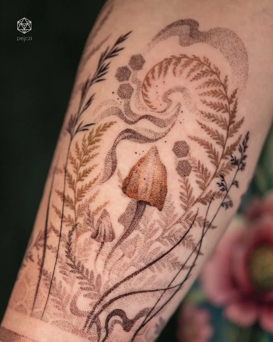 Medium Dotwork Mushroom Fern Spiral Tattoo on Women Arm by @pejczi