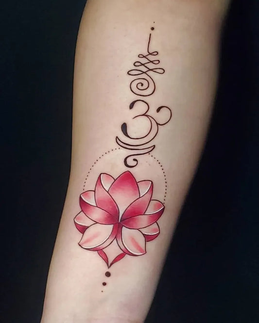 Medium Dotwork Om Lotus Flower on Women Arm Tattoo by @roseinkstudios