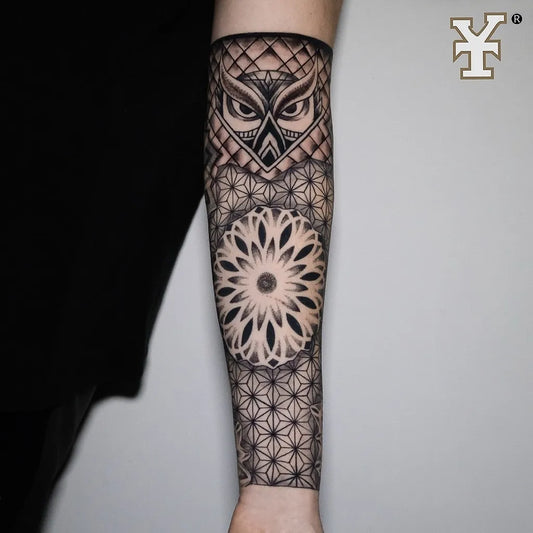 Medium Dotwork Owl Mandala Tattoo on Men Arm by @yankeetattooink