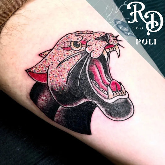 Medium Dotwork Panther Tattoo on Men Arm by @rabbitsdentattoo