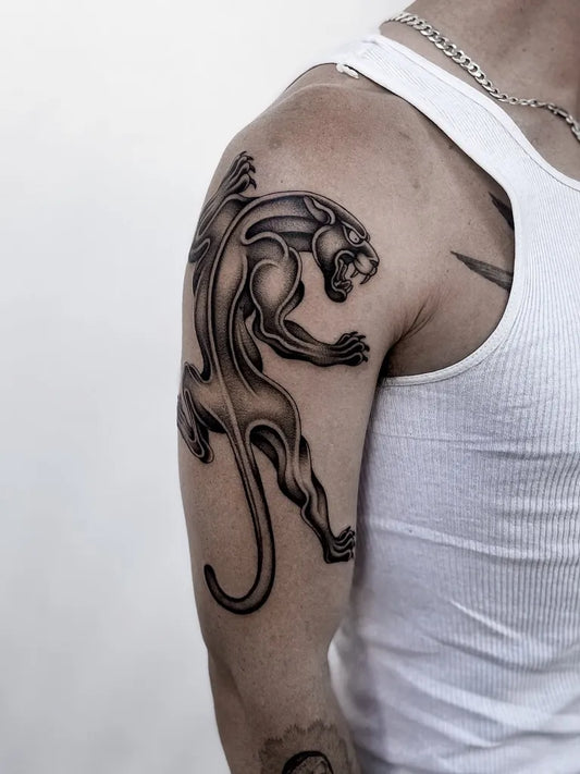 Medium Dotwork Panther Tattoo on Men Shoulder by @bradtattoos_