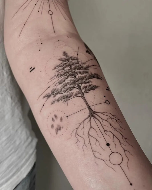 Medium Dotwork Poison Tree with Paw Print and Roots on Women Arm Tattoo by @the.xx.ttt