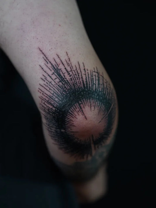 Medium Dotwork Radiating Lines Tattoo on Women Elbow by @undertheneedle_london