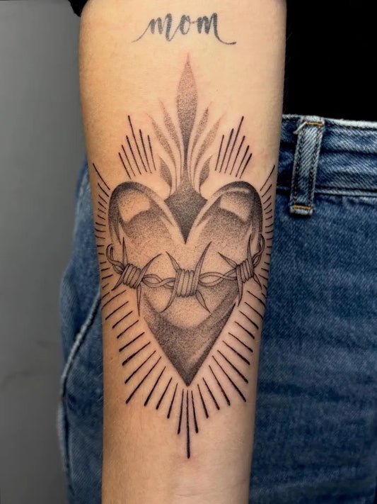 Medium Dotwork Sacred Heart with Barbed Wire and Mom Script Tattoo on Women Arm by @giuliabunny_