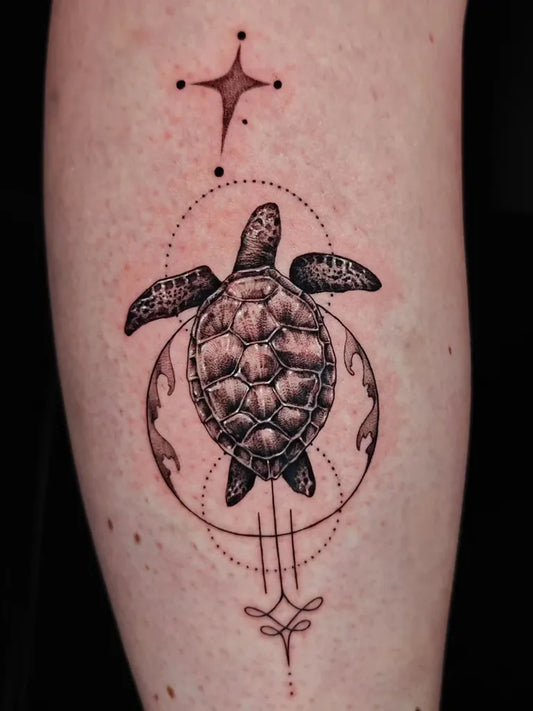 Medium Dotwork Sea Turtle and Mandala Tattoo on Women Arm by @disramos.ink