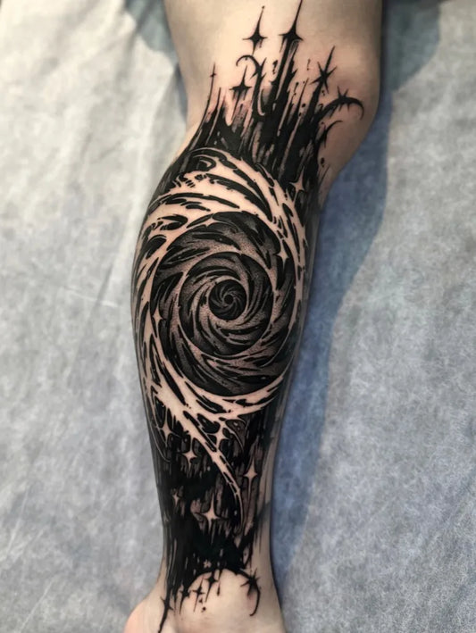 Medium Dotwork Spiral Tower Tattoo on Men Leg by @ink_ddd