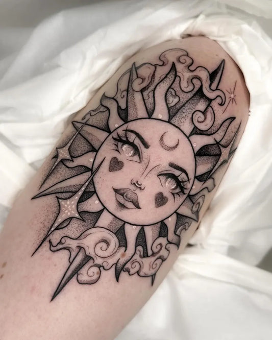 Medium Dotwork Sun Moon Face on Women Shoulder Tattoo by @_leahlopezart_
