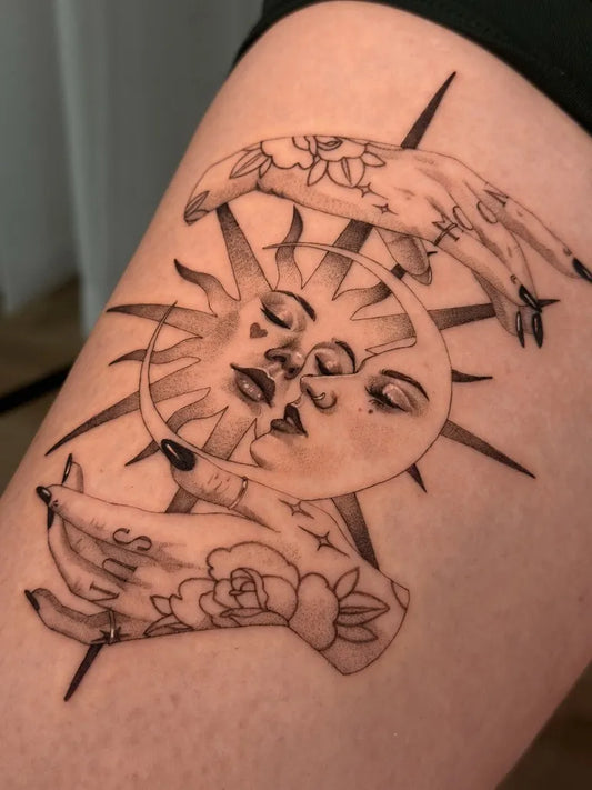 Medium Dotwork Sun Moon Hands Tattoo on Women Thigh by @kristinevodon