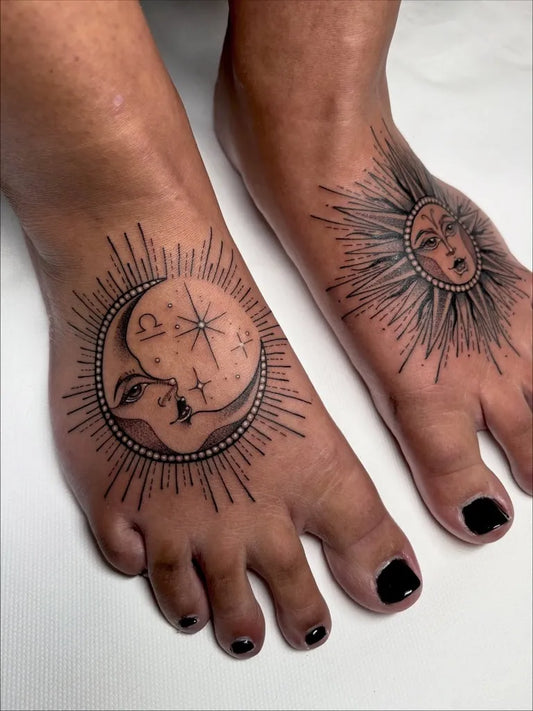 Medium Dotwork Sun and Moon Tattoo on Women Feet by @megrobertstattoo