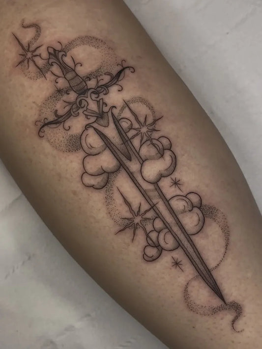 Medium Dotwork Sword with Clouds and Stars on Women Forearm Tattoo by @dan__draws