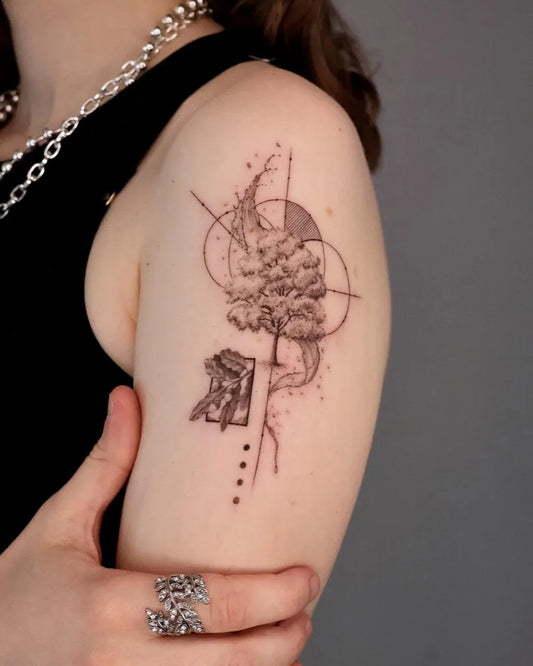 Medium Dotwork Tree and Crescent Moon Tattoo on Women Shoulder by @eggsy_tattoo