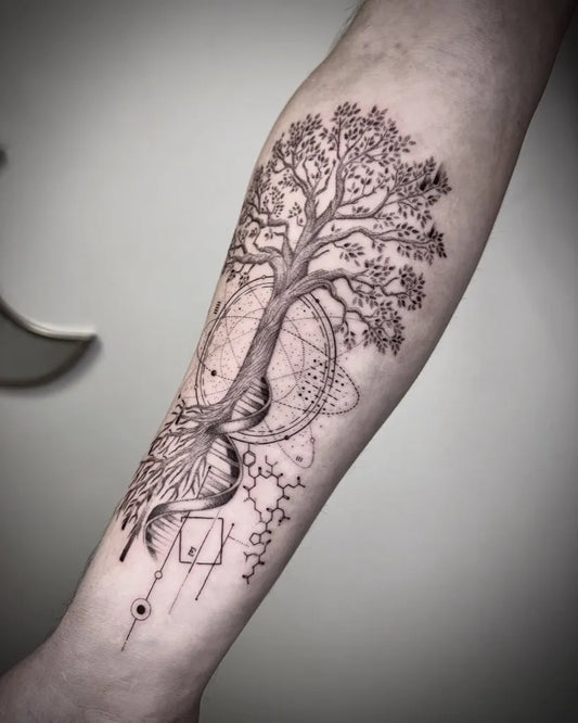 Medium Dotwork Tree with Mandala and Molecules Tattoo on Men Arm by @lilo.tattooist