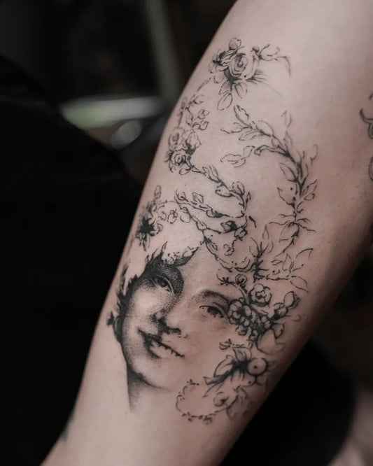 Medium Dotwork Woman with Flowers and Vines Tattoo on Women Arm by @somna.studio