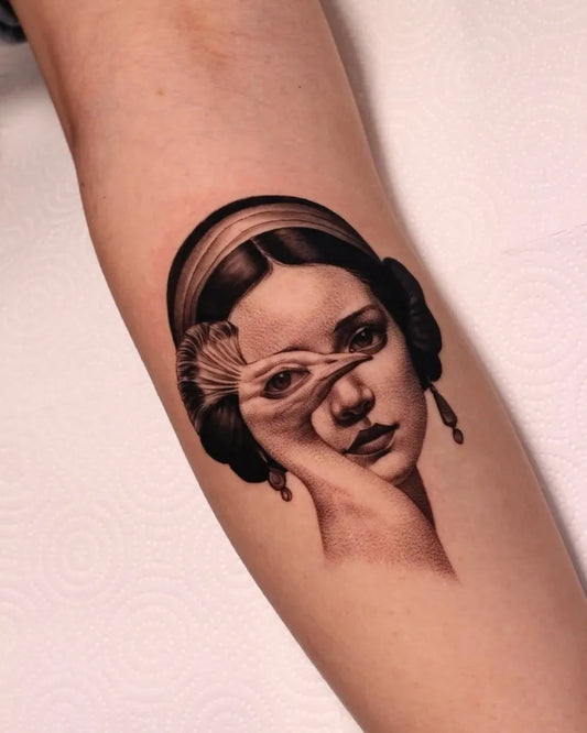 Medium Dotwork Womans Portrait Tattoo on Women Arm by @hood.seven.guests