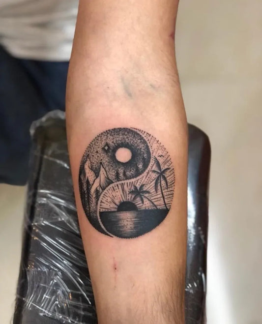 Medium Dotwork Yin Yang Summer and Winter Tattoo on Men Forearm by @inkvilletattoostudio