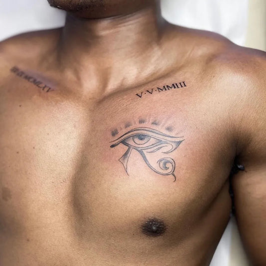 Medium Egyptian Eye of Horus Roman Numerals on Men Chest Tattoo by @ubinktattoos