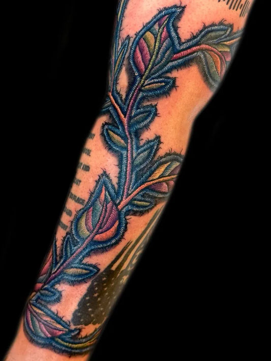 Medium Embroidery Blue Leaves and Vines Tattoo on Men Arm by @tattoosbyraychill