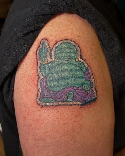 Medium Embroidery Buddha Tattoo on Men Arm by @vancummingstattoo