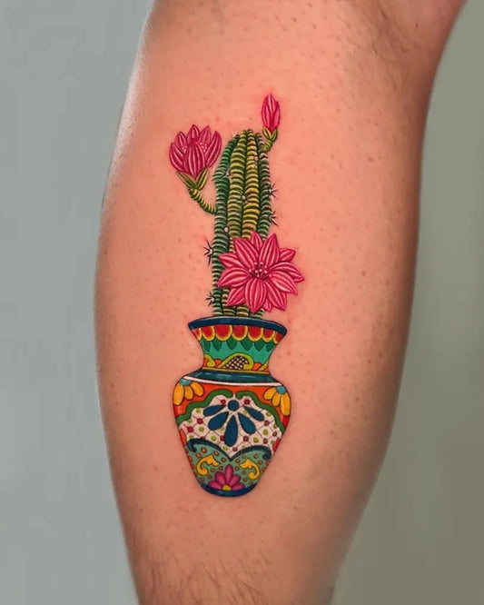 Medium Embroidery Cactus in Pot with Flowers Tattoo on Men Thigh by @fertattoo2406