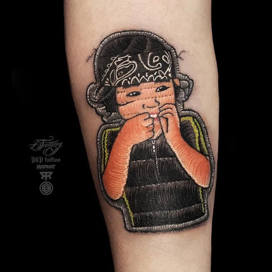 Medium Embroidery Cholo Kid Tattoo on Men Arm by @tatangtattoos