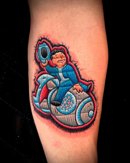 Medium Embroidery Cowboy on Rocket Tattoo on Men Arm by @cj_ugarte