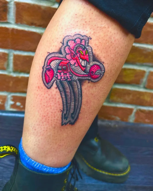 Medium Embroidery Demonic Cross with Hearts and Flames Tattoo on Women Thigh by @atlastattoo91