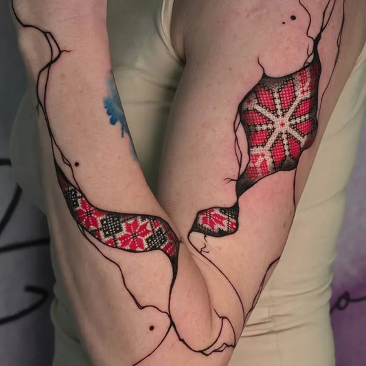 Medium Embroidery Embroidery Pattern with Cracks Tattoo on Women Arm by @zulezutattoo