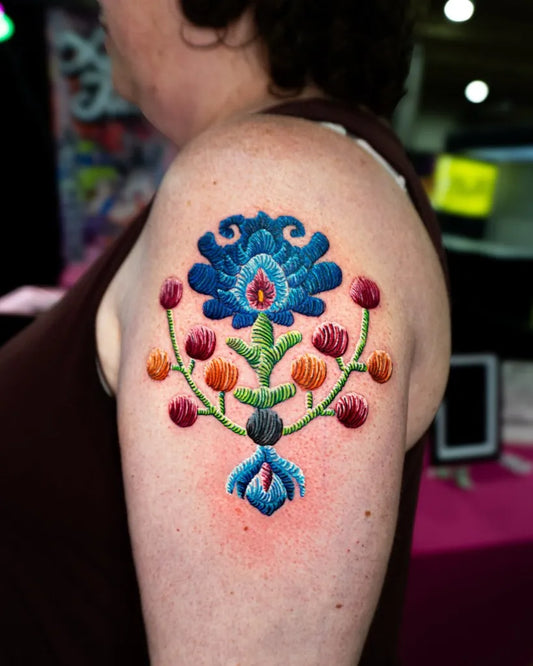 Medium Embroidery Floral Motif Tattoo on Women Shoulder by @ar
