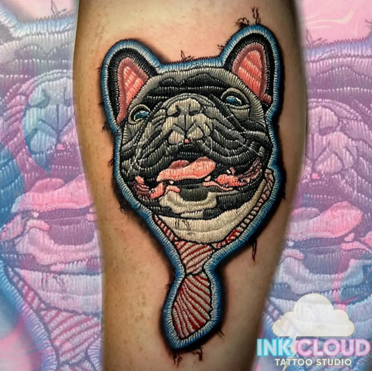 Medium Embroidery French Bulldog Tattoo on Women Arm by @inkcloudtattoostudio
