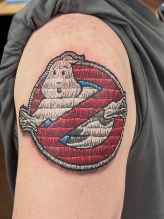 Medium Embroidery Ghostbusters Logo Tattoo on Men Arm by @vampirate_tattoo