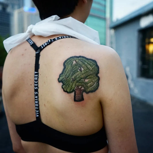 Medium Embroidery Green Tree Tattoo on Women Shoulder by @ksuarrow_tattoo