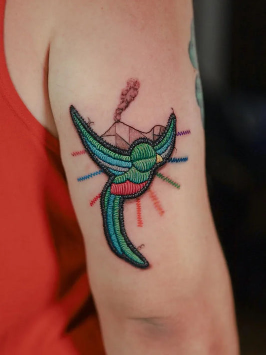 Medium Embroidery Hummingbird Mountain Sunburst Tattoo on Women Arm by @sublimetattoogt