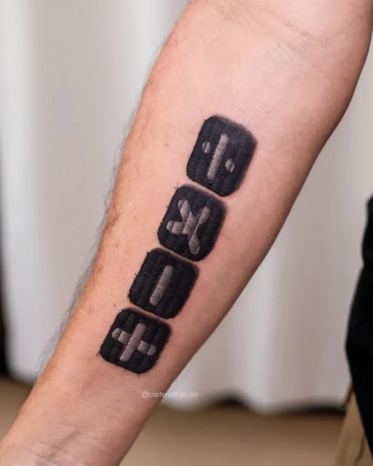 Medium Embroidery Math Symbols Tattoo on Men Arm by @coptertatt.studio